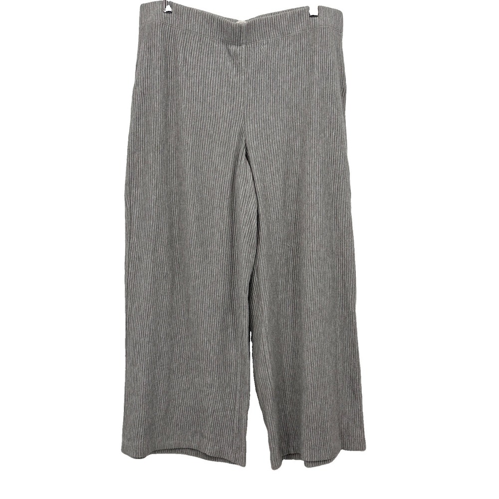 Loft Womens Ribbed Knit Wide Leg Pants Gray Sz Large L Elastic Waist Casual